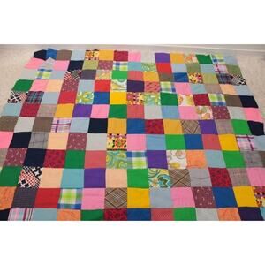 Vintage Quilt Top Polyester Squares Patchwork Bright Colors 60 x 78 Hand Pieced